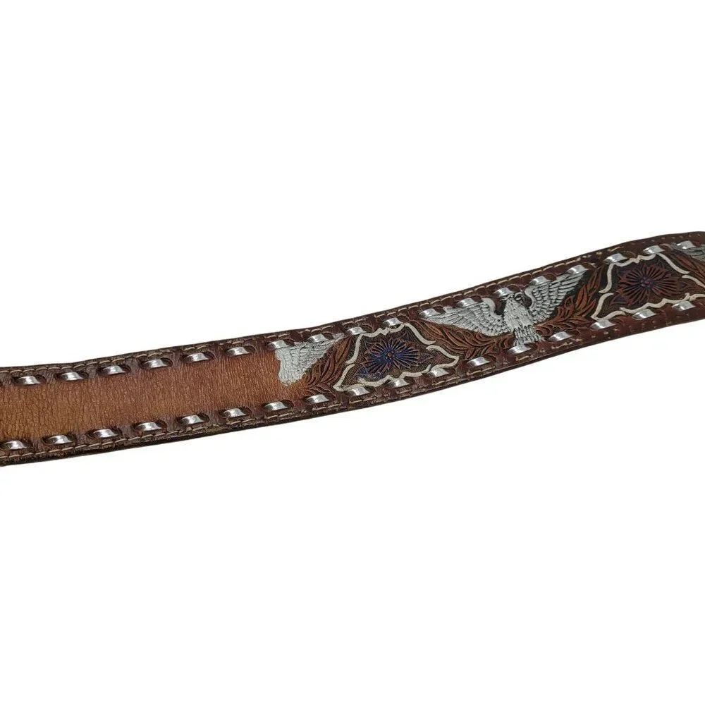 Handcrafted Brown Western Leather Belt Hand Painted Silver Eagle Embossing‎ 32